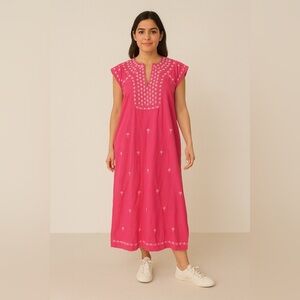 Madison Mathews Pink Embroidered Kaftan Dress | Boho Cotton Maxi | Size XS